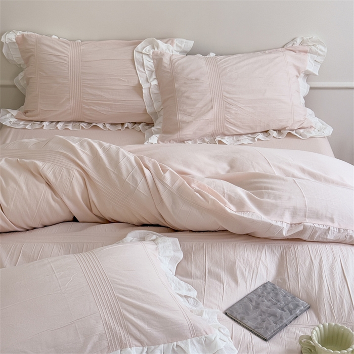 91家纺网 家纺一手货源 找家纺 尺素 2025纯棉双层花边韩式四件套全棉纯色ins风民宿被套纯色1.8床笠双人加大床单公主风床上用品 奶泡泡-涂涂小桃