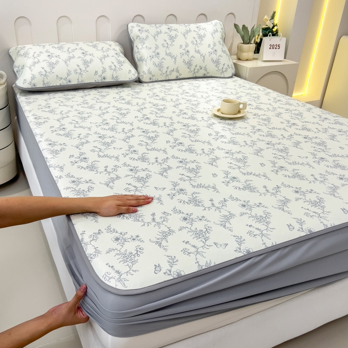 91家纺网 家纺一手货源 找家纺 2025年新款600D丝滑冰丝凉席-床笠款 连理枝蓝