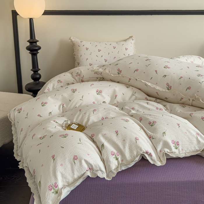 91家纺网 家纺一手货源 找家纺 可思家纺 2025新款法式皱皱纱四件套 小玫瑰