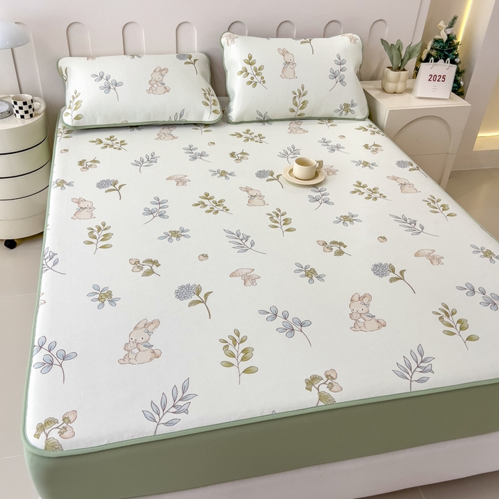 91家纺网 家纺一手货源 找家纺 2025年新款600D丝滑冰丝凉席-床笠款 蘑菇小兔