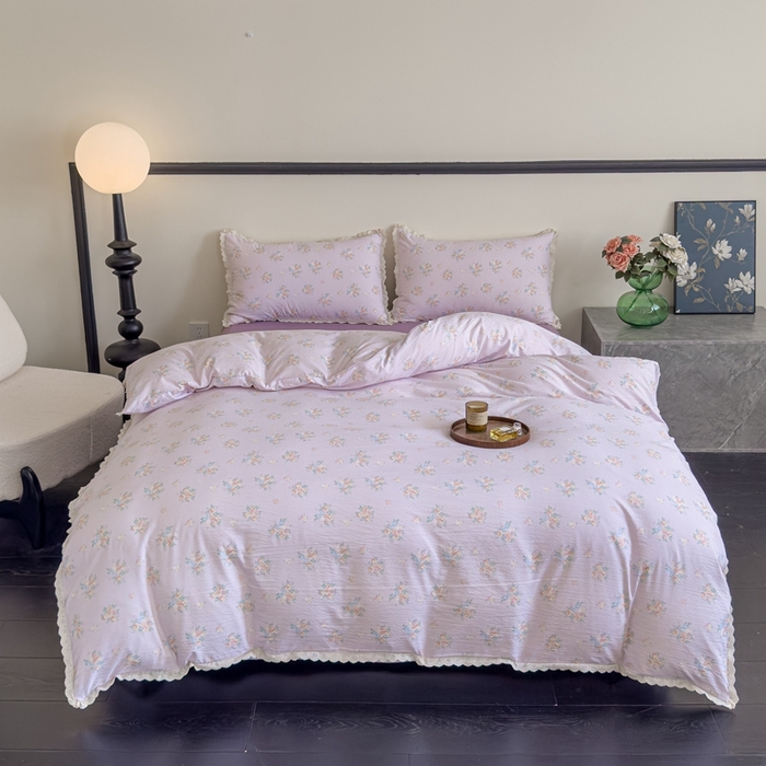 91家纺网 家纺一手货源 找家纺 可思家纺 2025新款法式皱皱纱四件套 紫薰