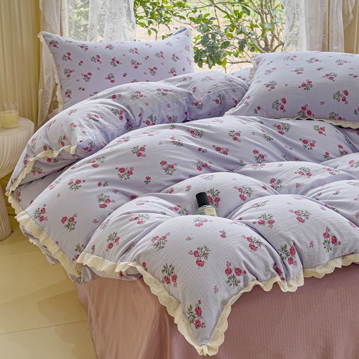 91家纺网 家纺一手货源 找家纺 可思家纺 2025新款法式皱皱纱四件套 紫雾玫瑰