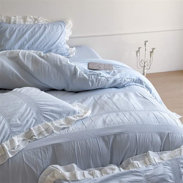 91家纺网 家纺一手货源 找家纺 尺素 2025纯棉双层花边韩式四件套全棉纯色ins风民宿被套纯色1.8床笠双人加大床单公主风床上用品 奶泡泡-也许雾蓝