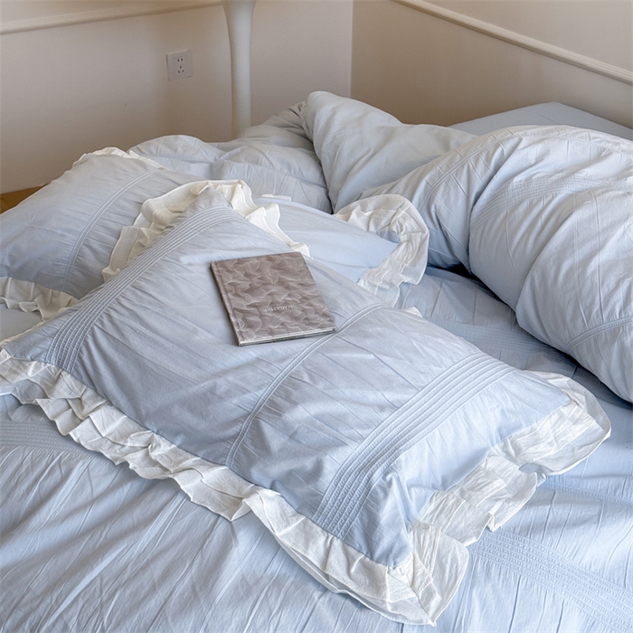 91家纺网 家纺一手货源 找家纺 尺素 2025纯棉双层花边韩式四件套全棉纯色ins风民宿被套纯色1.8床笠双人加大床单公主风床上用品 奶泡泡-也许雾蓝