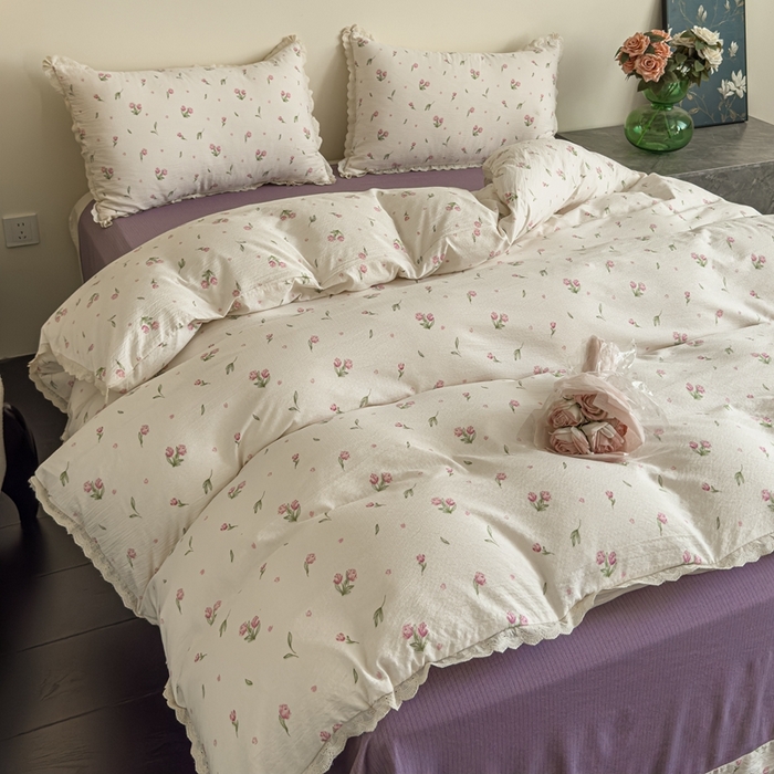 91家纺网 家纺一手货源 找家纺 可思家纺 2025新款法式皱皱纱四件套 小玫瑰