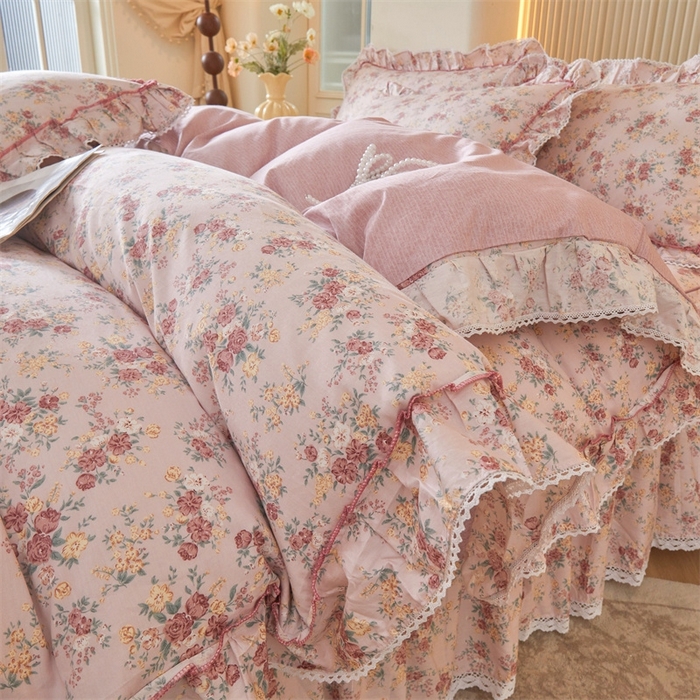 91家纺网 家纺一手货源 找家纺 缦彩 2025新款韩版纯棉床裙四件套 缤纷绮梦