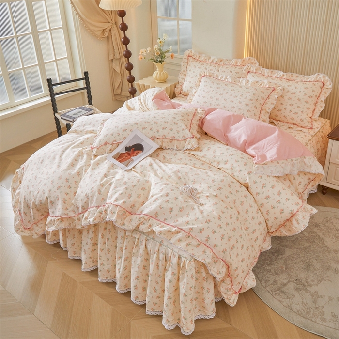 91家纺网 家纺一手货源 找家纺 缦彩 2025新款韩版纯棉床裙四件套 夕颜