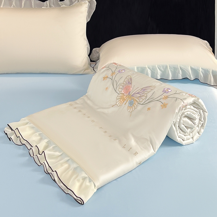 91家纺网 家纺一手货源 找家纺 梦舒羽 2025新款刺绣水洗真丝花边夏被四件套宿舍夏凉被床单枕套三件套-蝶梦花边款 蝶梦-蓝 花边款