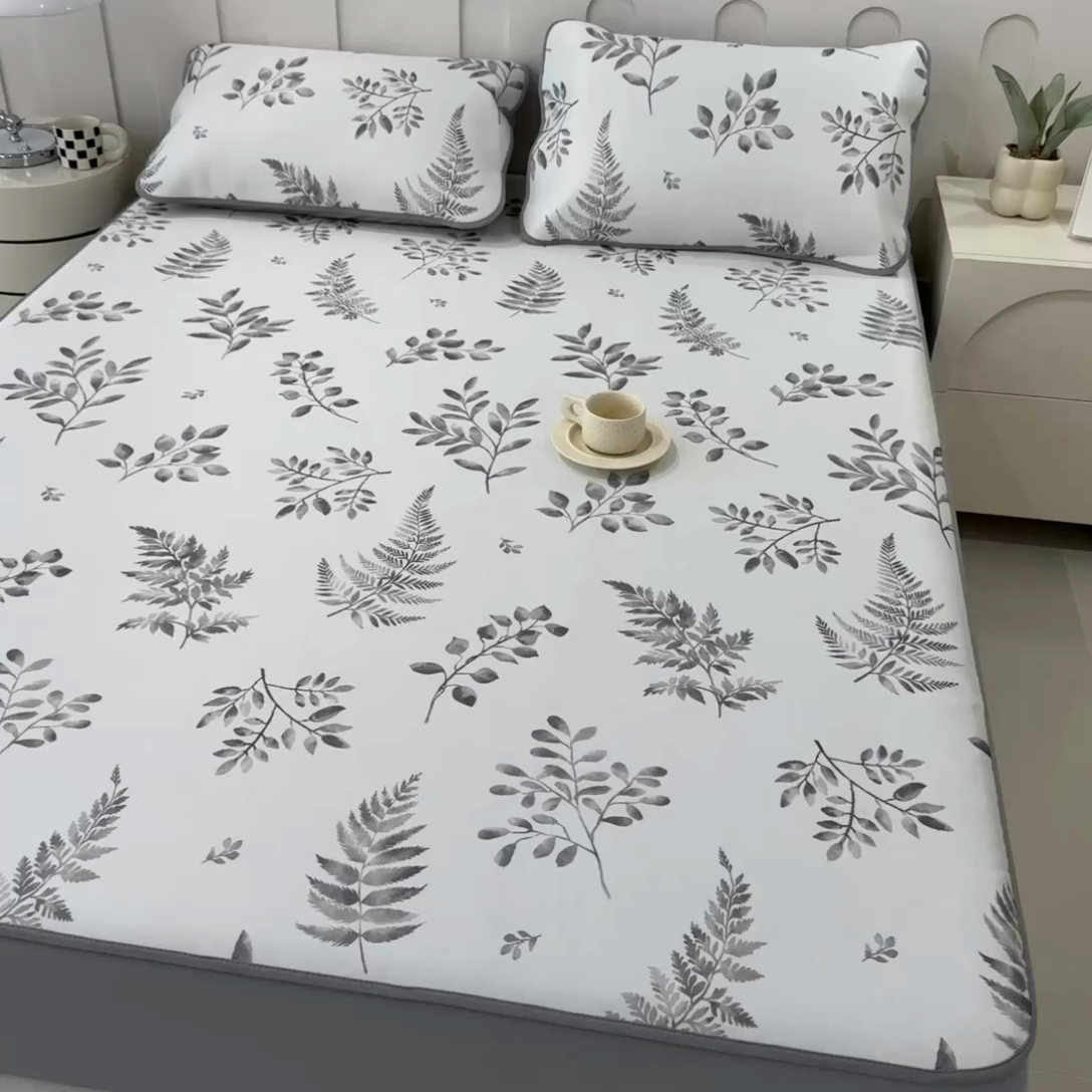 91家纺网 家纺一手货源 找家纺 2025年新款600D丝滑冰丝凉席-床笠款 素叶灰