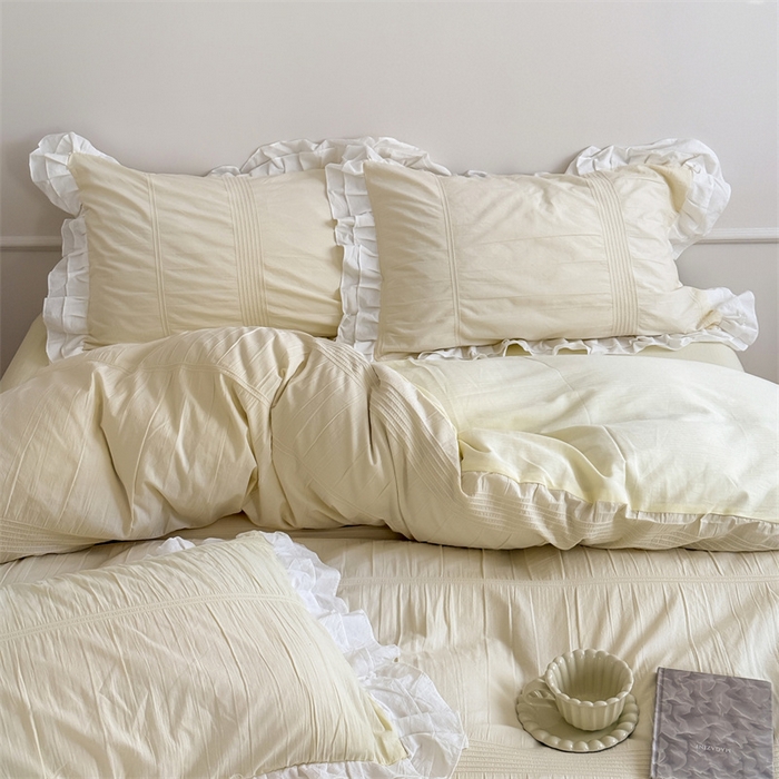 91家纺网 家纺一手货源 找家纺 尺素 2025纯棉双层花边韩式四件套全棉纯色ins风民宿被套纯色1.8床笠双人加大床单公主风床上用品 奶泡泡-芝芝软芙