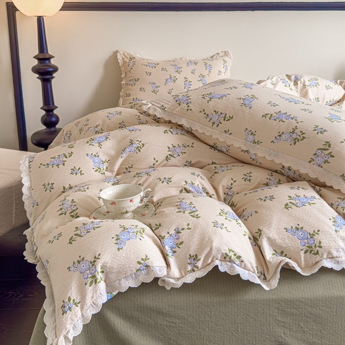 91家纺网 家纺一手货源 找家纺 可思家纺 2025新款法式皱皱纱四件套 夏栀