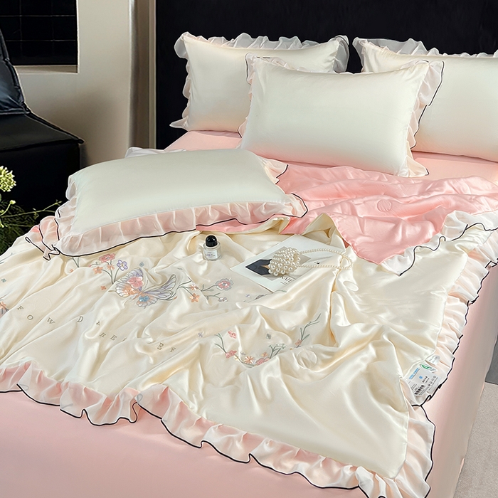 91家纺网 家纺一手货源 找家纺 梦舒羽 2025新款刺绣水洗真丝花边夏被四件套宿舍夏凉被床单枕套三件套-蝶梦花边款 蝶梦-粉 花边款