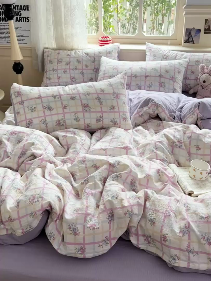 91家纺网 家纺一手货源 找家纺 一比一 2026新款云感皱皱双层纱四件套-简单款 时恋