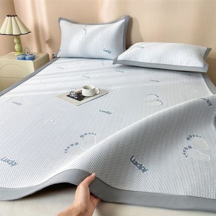 雯豆家纺 2025新款PE高分子凉感提花凉席三件套绑带款席子平铺席 小脚印-绑带款