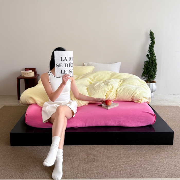 91家纺网 家纺一手货源 找家纺 山舍家居 2025新款皱皱双层纱纯色四件套 春日野芒