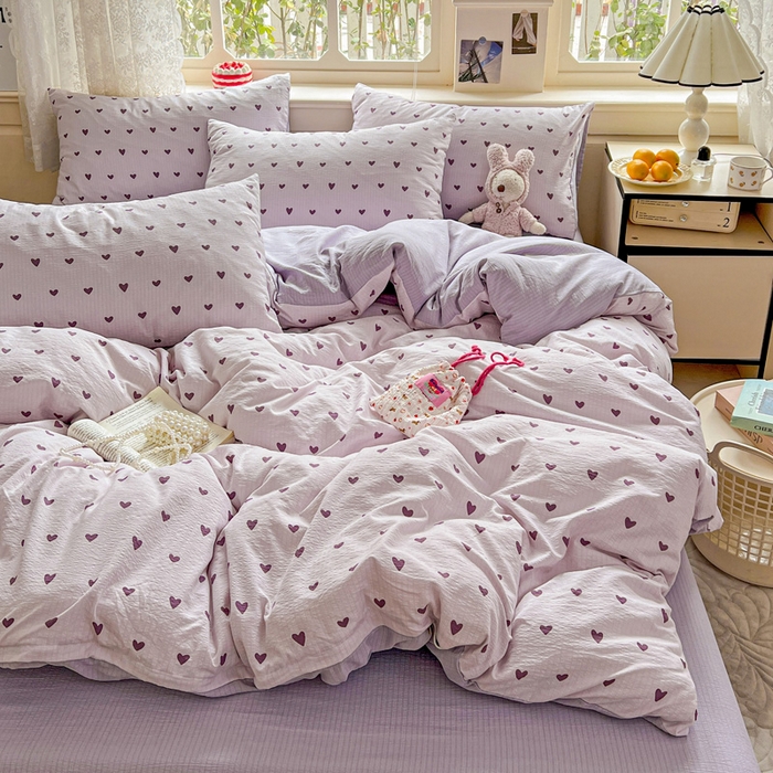 91家纺网 家纺一手货源 找家纺 一比一 2026新款云感皱皱双层纱四件套-简单款 紫爱心