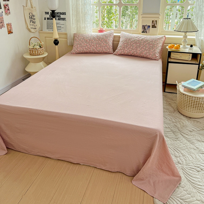 91家纺网 家纺一手货源 找家纺 一比一 2026新款云感皱皱双层纱四件套-简单款 水墨丹青红