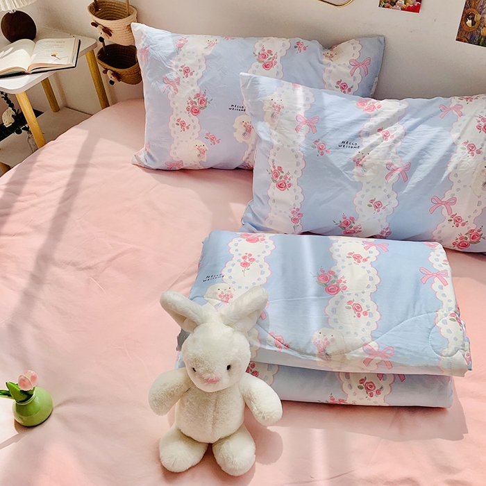 91家纺网 家纺一手货源 找家纺 2025新款1活性印染水洗棉大豆夏被 夏被-玫瑰小兔