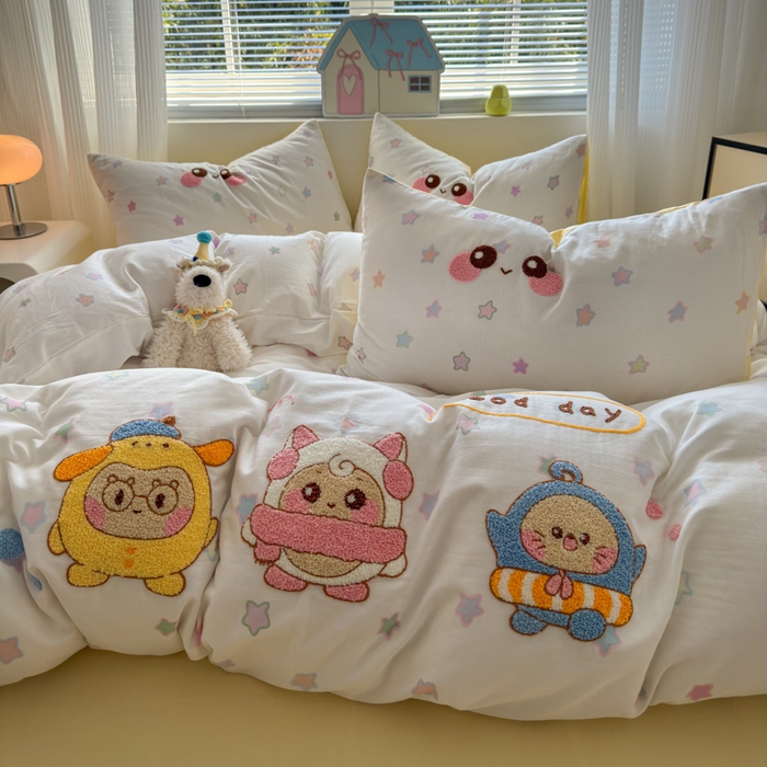 91家纺网 家纺一手货源 找家纺 如意朵 2025新款全棉双层纱小清新绣花四件套（专版花型） 蛋仔派对