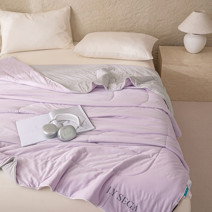 91家纺网 家纺一手货源 找家纺 茧羽世家 2025新款沁柔双镜抗菌系列夏被夏凉被空调被 风信紫拼灰