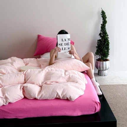 山舍家居 2025新款皱皱双层纱纯色四件套 蔷薇小姐