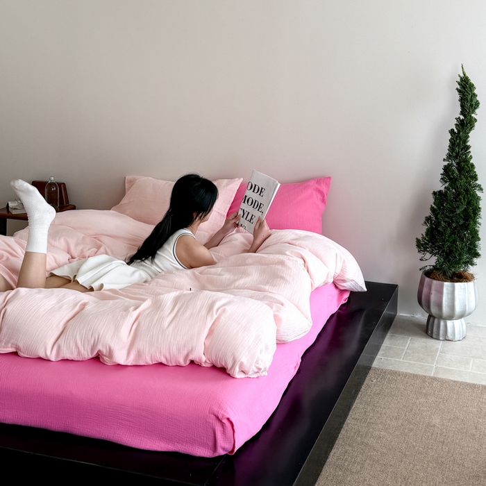 91家纺网 家纺一手货源 找家纺 山舍家居 2025新款皱皱双层纱纯色四件套 蔷薇小姐