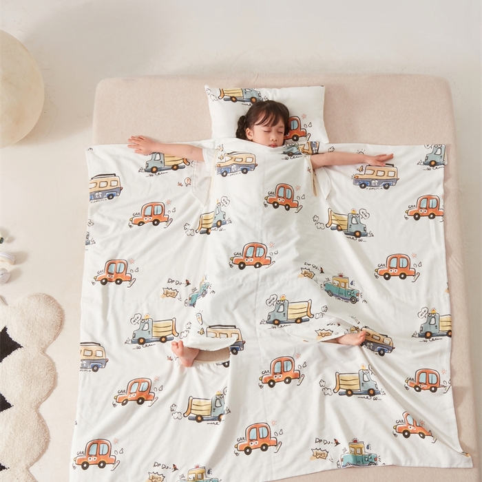 91家纺网 家纺一手货源 找家纺 艾佳宝贝 2025A类全棉纱布护肚防踢睡袋多功能盖毯宝宝夏被 巴士汽车