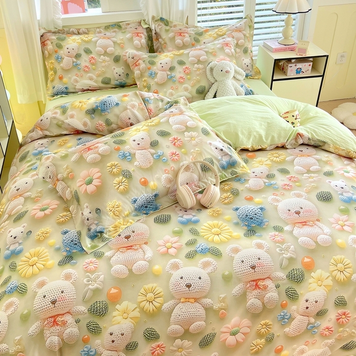 91家纺网 家纺一手货源 找家纺 恋之语 2025新款数码印花四件套卡通款 小熊花园