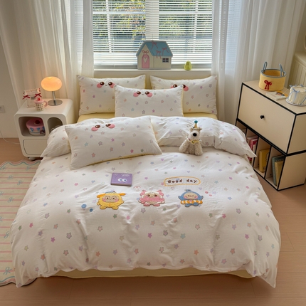 91家纺网 家纺一手货源 找家纺 （总）如意朵 2025新款全棉双层纱小清新绣花四件套（专版花型）