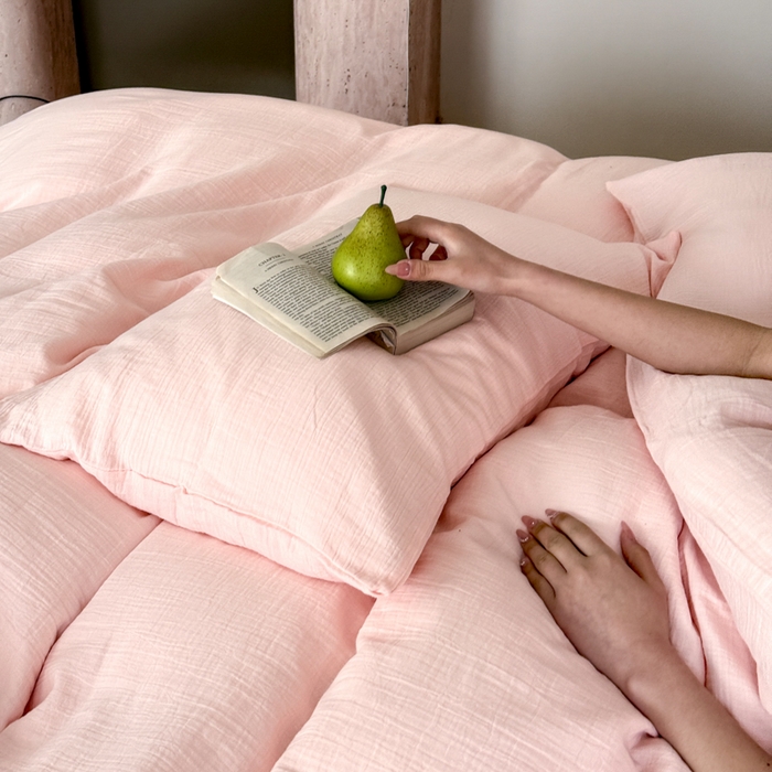 91家纺网 家纺一手货源 找家纺 山舍家居 2025新款皱皱双层纱纯色四件套 蔷薇小姐