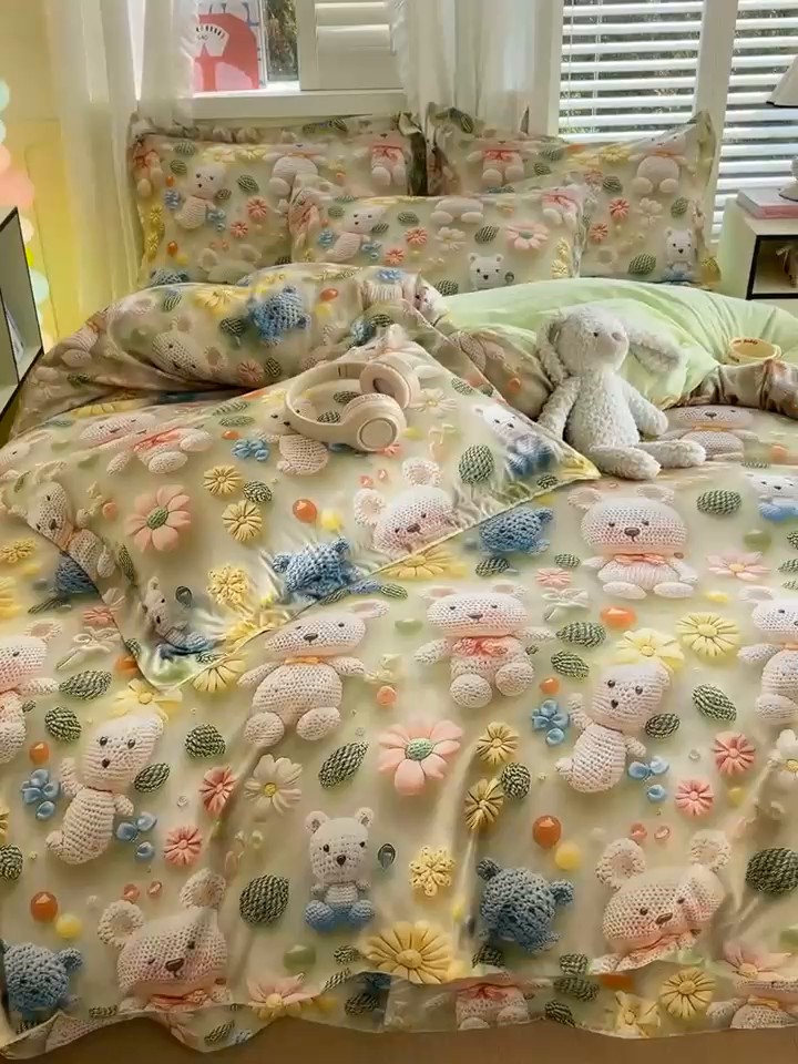 91家纺网 家纺一手货源 找家纺 恋之语 2025新款数码印花四件套卡通款 小熊花园