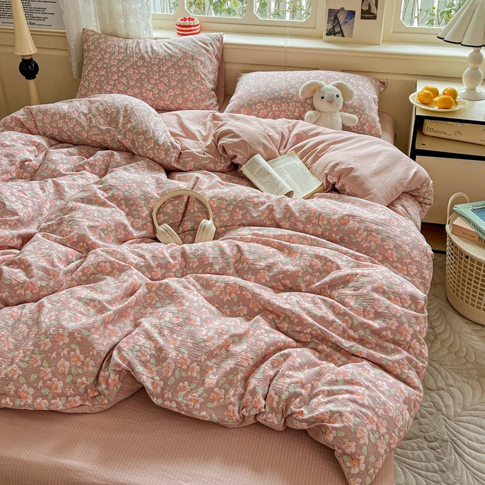 91家纺网 家纺一手货源 找家纺 一比一 2026新款云感皱皱双层纱四件套-简单款 水墨丹青红