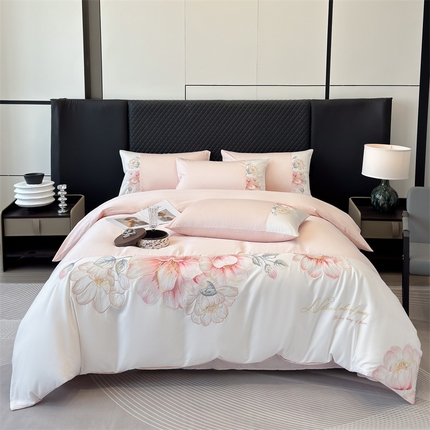 91家纺网 家纺一手货源 找家纺 优贝 2025新款贡缎50双股刺绣长绒棉四件套-欧若拉系列 欧若拉-粉