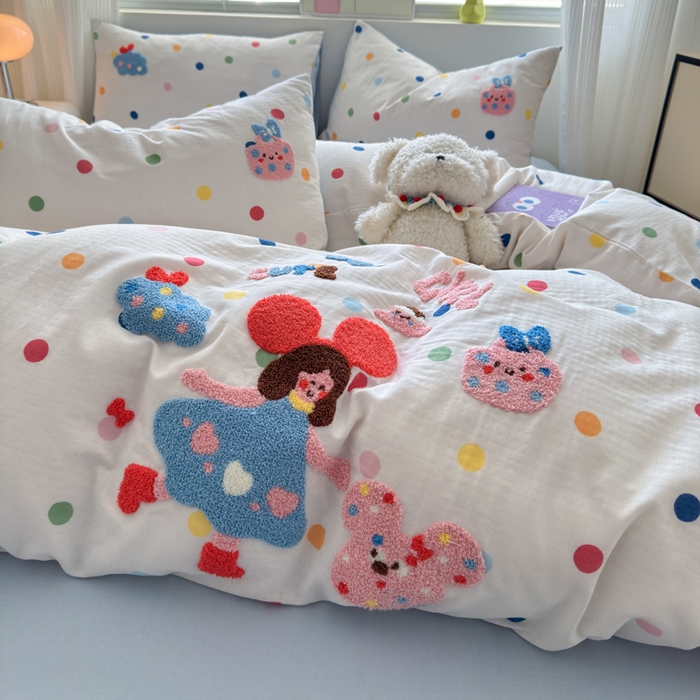 91家纺网 家纺一手货源 找家纺 如意朵 2025新款全棉双层纱小清新绣花四件套（专版花型） 快乐女孩