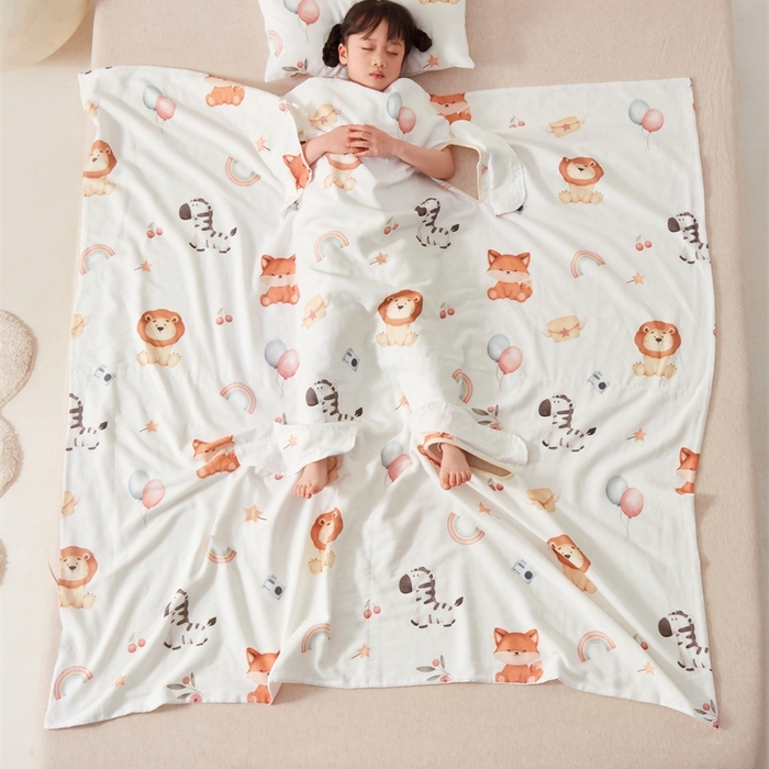 91家纺网 家纺一手货源 找家纺 艾佳宝贝 2025A类全棉纱布护肚防踢睡袋多功能盖毯宝宝夏被 萌趣动物园