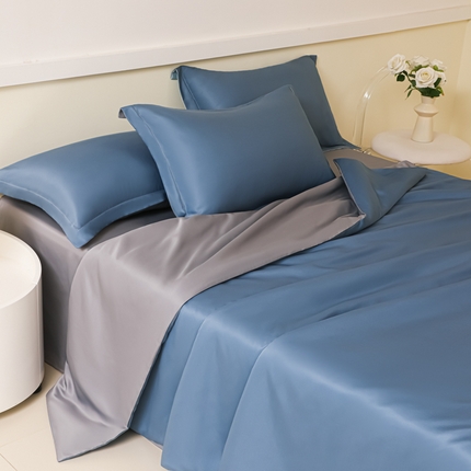 91家纺网 家纺一手货源 找家纺 多乐家纺 2025新款水洗冰丝真丝纯色双拼枕套 宾利蓝+深灰