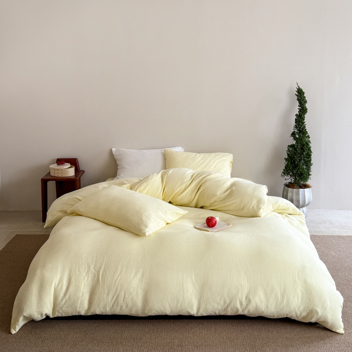 91家纺网 家纺一手货源 找家纺 山舍家居 2025新款皱皱双层纱纯色四件套 半见