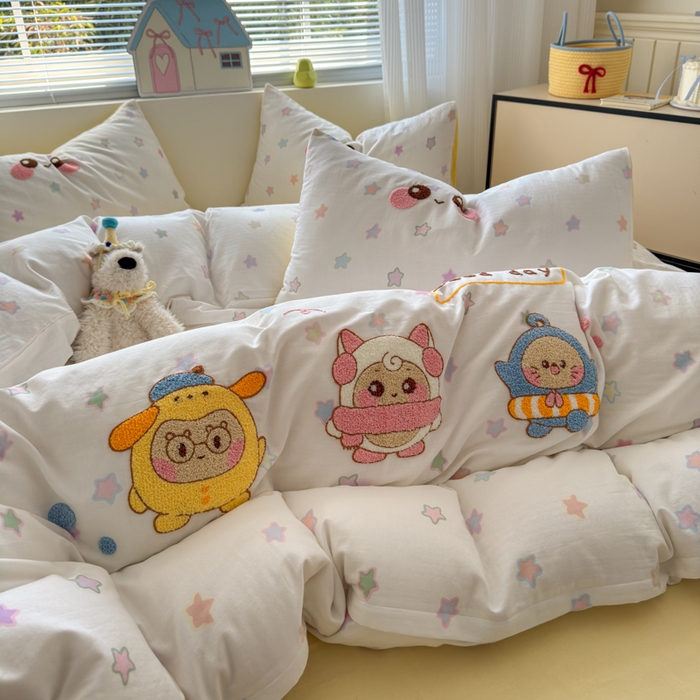 91家纺网 家纺一手货源 找家纺 如意朵 2025新款全棉双层纱小清新绣花四件套（专版花型） 蛋仔派对