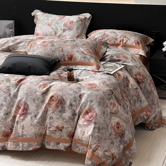 91家纺网 家纺一手货源 找家纺  2025A类母婴级天丝棉夹棉床盖床笠四件套全棉纯棉纯色长绒棉真丝保护罩高级感印花 梦寐繁花-橙