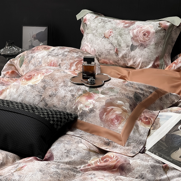 91家纺网 家纺一手货源 找家纺  2025A类母婴级天丝棉夹棉床盖床笠四件套全棉纯棉纯色长绒棉真丝保护罩高级感印花 梦寐繁花-橙