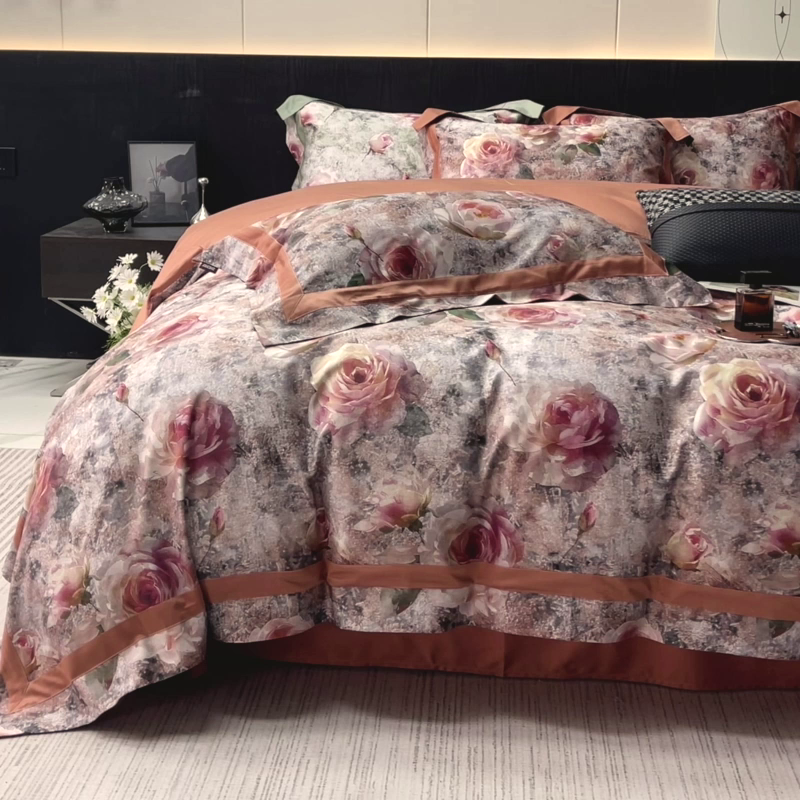 91家纺网 家纺一手货源 找家纺  2025A类母婴级天丝棉夹棉床盖床笠四件套全棉纯棉纯色长绒棉真丝保护罩高级感印花 梦寐繁花-橙