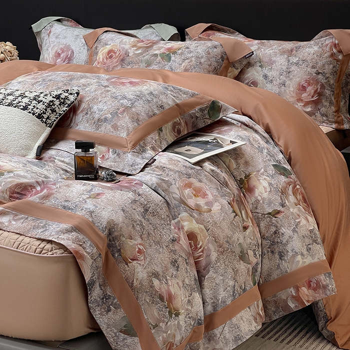  2025夏季A类母婴级天丝棉印花四件套纯棉全棉高端数码印花丝滑裸睡长绒棉被套真丝 梦寐繁花-橙