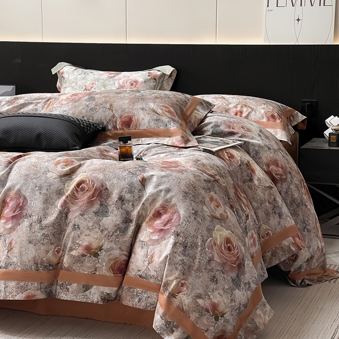 91家纺网 家纺一手货源 找家纺  2025夏季A类母婴级天丝棉印花四件套纯棉全棉高端数码印花丝滑裸睡长绒棉被套真丝 梦寐繁花-橙