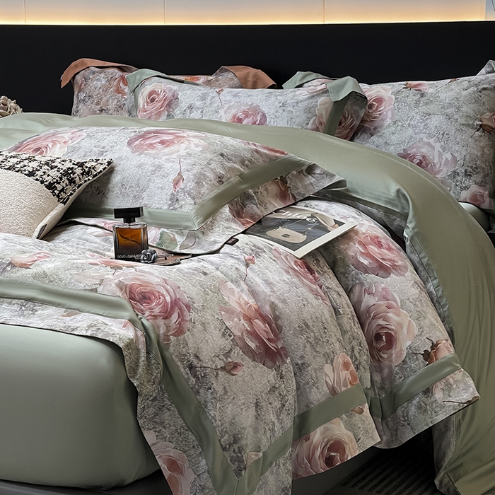  2025夏季A类母婴级天丝棉印花四件套纯棉全棉高端数码印花丝滑裸睡长绒棉被套真丝 梦寐繁花-绿