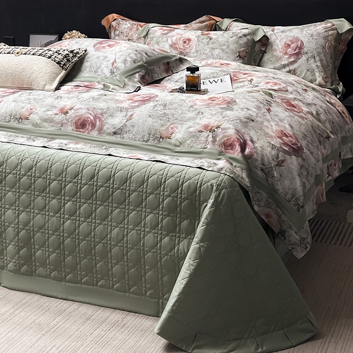 91家纺网 家纺一手货源 找家纺  2025夏季A类母婴级天丝棉印花四件套纯棉全棉高端数码印花丝滑裸睡长绒棉被套真丝 梦寐繁花-绿