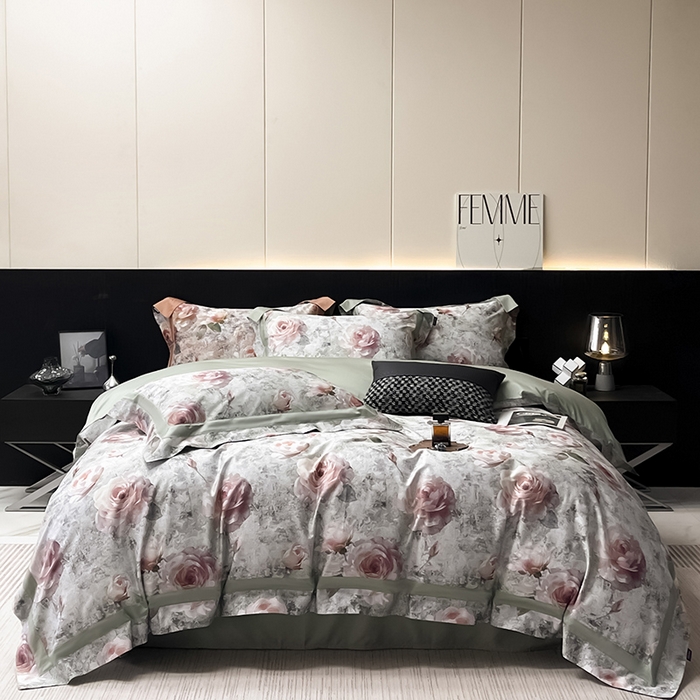 91家纺网 家纺一手货源 找家纺  2025夏季A类母婴级天丝棉印花四件套纯棉全棉高端数码印花丝滑裸睡长绒棉被套真丝 梦寐繁花-绿