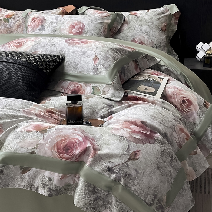 91家纺网 家纺一手货源 找家纺  2025夏季A类母婴级天丝棉印花四件套纯棉全棉高端数码印花丝滑裸睡长绒棉被套真丝 梦寐繁花-绿