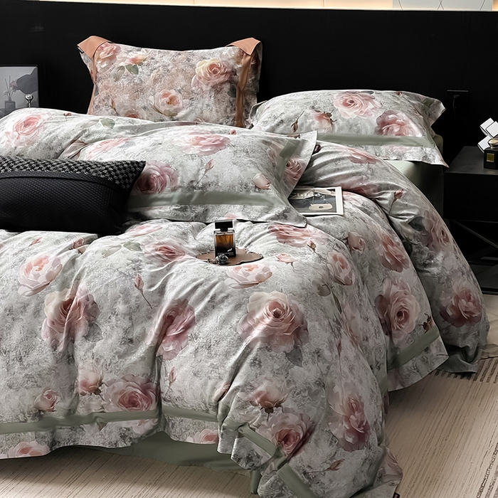 91家纺网 家纺一手货源 找家纺  2025夏季A类母婴级天丝棉印花四件套纯棉全棉高端数码印花丝滑裸睡长绒棉被套真丝 梦寐繁花-绿