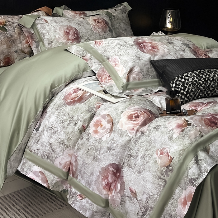 91家纺网 家纺一手货源 找家纺  2025新款A类100支天丝棉夹棉床盖床笠四件套全棉床单加厚高端数码印花 梦寐繁花-绿