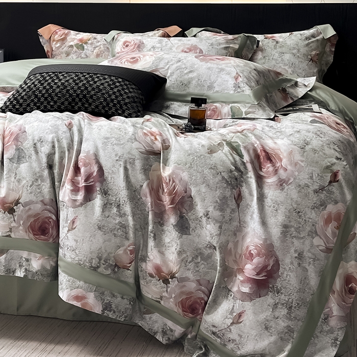 91家纺网 家纺一手货源 找家纺  2025新款A类100支天丝棉夹棉床盖床笠四件套全棉床单加厚高端数码印花 梦寐繁花-绿